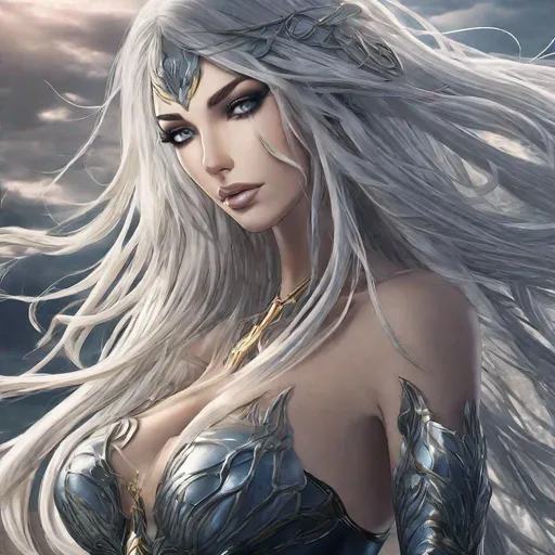 Prompt: A beautiful 58 ft tall 30 year old ((British)) anime Water Elemental Queen giantess with light skin and a beautiful, elegant, strong symmetrical face. She has a strong curvy body. She has long straight elegant white hair with two long strands of hair going down to her chest and white eyebrows. She wears a beautiful long flowing dark blue goddess dress. She has brightly glowing blue eyes and water droplet shaped pupils. She wears blue eyeshadow. She wears a beautiful blue tiara. She has a blue aura glowing from her body. Full body art. Scenic view. {{{{high quality art}}}} ((ocean goddess)). Illustration. Concept art. Perfectly drawn. Five fingers. Full view of body and dress, character design, multiple angles