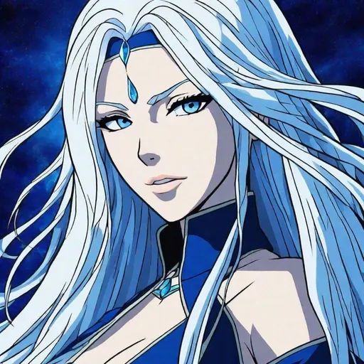 Prompt: A beautiful 17 year old ((British)) anime Water elemental princess with light skin and a beautiful symmetrical face. She has long smooth straight white hair that parts down at the top of her head and two long strands coming down the sides of her face and white eyebrows. She has a small nose. She wears a beautiful dark blue outfit with a blue water droplet shaped gem in the middle of her chest. She wears dark blue princess slippers on her feet. She has big bright dark blue eyes and blue pupils. She is standing looking at you.  Full body art. Five fingers
