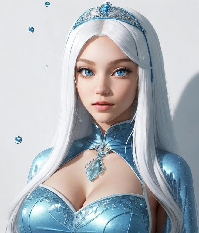 Prompt: A beautiful young 15 year old ((British)) Water elemental princess with light skin and a beautiful face. She has long white hair and white eyebrows. She wears a beautiful slim blue dress. She has brightly glowing dark blue eyes and water droplets shaped pupils. She wears a blue tiara. She has a blue aura around her. She is at prom in a large school gym with people around her. Beautiful scene art. Scenic view. Full body art. {{{{high quality art}}}} ((goddess)). Illustration. Concept art. Symmetrical face. Digital. Perfectly drawn. A cool background. Five fingers