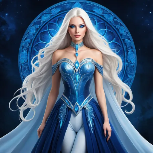 Prompt: A beautiful 58 ft tall 30 year old ((British)) Water elemental Queen with light skin and a beautiful face. She has long elegant white hair with two strands of hair going down to her chest and white eyebrows. She wears a beautiful long dark blue dress and royal robs. She has brightly glowing blue eyes and water droplet shaped pupils. She wears a beautiful blue tiara. She has a blue aura around her. She is standing. 
Beautiful scene art. Painting art. Scenic view. Full body art. {{{{high quality art}}}} ((goddess)). Illustration. Concept art. Symmetrical face. Digital. Perfectly drawn. A cool background. Five fingers. Full body view. No portrait. No black background. Front view. Anime. 