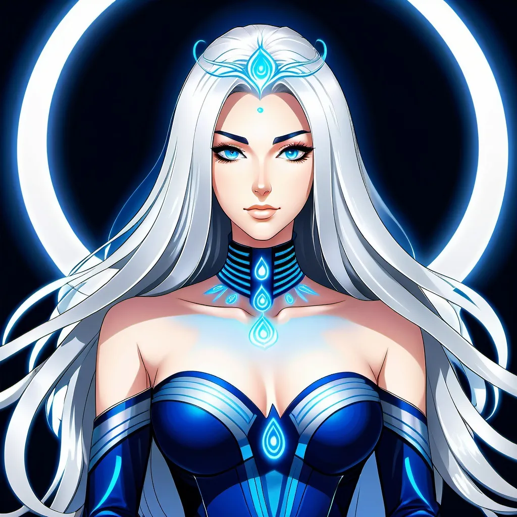 Prompt: A beautiful 58 ft tall 30 year old ((British)) Water elemental Queen giantess with light skin and a beautiful soft elegant symmetrical face. She has long straight elegant white hair with two long strands of hair going down to her chest and white eyebrows. She wears a beautiful long dark blue goddess dress with royal robs. She has brightly glowing blue eyes and water droplet shaped pupils. She wears a beautiful blue tiara made of water. She has a blue aura around her. She is laying on a bed on her side. Beautiful scene art. Painting art. Scenic view. Full body art. {{{{high quality art}}}} ((goddess)). Illustration. Concept art. Symmetrical face. Digital. Perfectly drawn. A cool background. Five fingers. Full body view. No portrait. No black background. Front view. Full view of dress. Anime style of clothing, anime art style