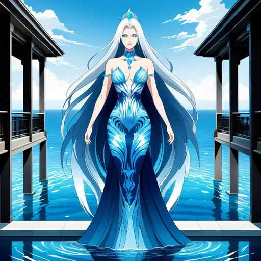 Prompt: A beautiful 58 ft tall 30 year old ((British)) anime water elemental Queen with light skin and a beautiful, elegant, strong symmetrical face. She has a slim beautiful curvy body. She has long straight elegant white hair with two long strands of hair going down to her chest and white eyebrows. She wears a beautiful tight long flowing dark blue dress. She has bright blue eyes and blue pupils. She wears blue eyeshadow. She wears a beautiful blue tiara. She is standing by a balcony outside. Full body art. {{{{high quality art}}}} ((ocean goddess)). Illustration. Concept art. Symmetrical face. Digital. Perfectly drawn. A cool background. Five fingers. two arms and hands, full view of dress and body