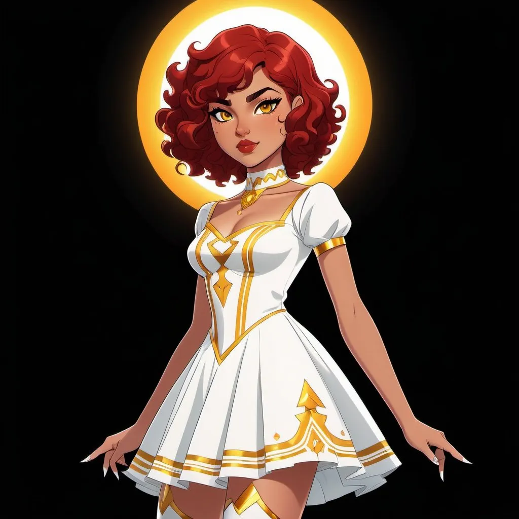 Prompt: A beautiful young 14 year old ((Latina)) evil anime light goddess with light brown skin and a symmetrical round cute face with big lips. She has a strong curvy body with a small waist. She has short curly reddish brown hair that curves to the left side of her head and reddish brown eyebrows. She wears a beautiful white short princess dress with gold and she wears a short poofy white skirt. She wears white boots with gold on it. She has big brightly glowing yellow eyes and white pupils. She has long eyelashes. She wears a small golden tiara. She has a yellow aura around her. Full body art. {{{{high quality art}}}} Illustration. Concept art. Symmetrical face. Digital. Perfectly drawn. A cool background. Five fingers, yellow glowing eyes, full view of dress, character design, multiple angles, different views of head and body. 2D animation art style