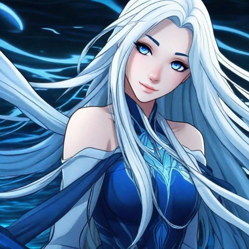 Prompt: A beautiful young 17 year old ((British)) anime Water elemental princess with light skin and a beautiful symmetrical face. She has long smooth straight white hair that parts down at the top of her head and two long strands coming down the sides of her face and white eyebrows. She has a small nose. She wears a beautiful flowing goddess dark blue dress. She has big bright dark blue eyes and blue pupils. Full body art. Five fingers