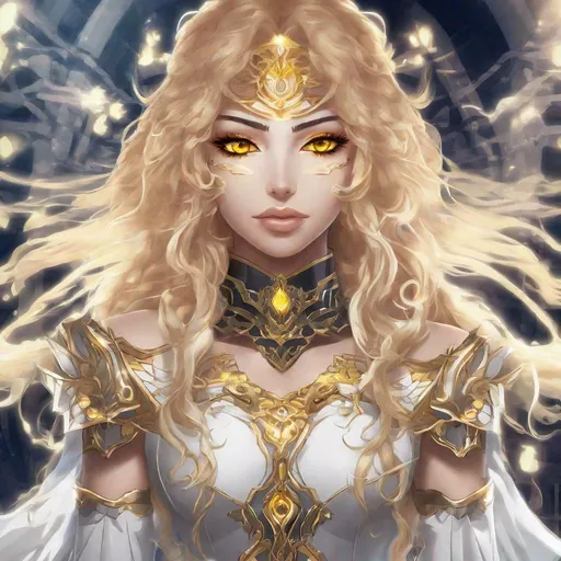 Prompt: A beautiful 17 year old evil ((Latina)) anime light elemental princess with light brown skin and a beautiful face. She has curly golden yellow hair that parts at the top of her head and yellow eyebrows. She wears a beautiful white dress with gold markings on it. She has brightly glowing yellow eyes and white pupils. She has a yellow aura around her. She wears a beautiful golden tiara. She is standing in a beautiful field of gold. Beautiful scene art. Scenic view. Full body art. {{{{high quality art}}}} ((Light goddess)). Illustration. Concept art. Symmetrical face. Digital. Perfectly drawn. A cool background. Five fingers. Anime