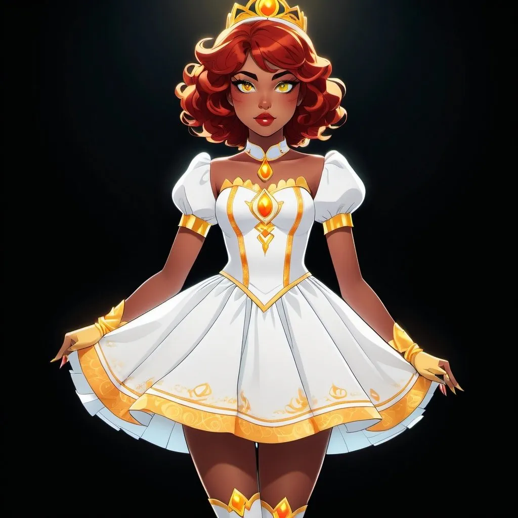 Prompt: A beautiful young 14 year old ((Latina)) evil anime light goddess with light brown skin and a symmetrical round cute face with big lips. She has long eyelashes. She has a strong curvy body with a small waist. She has short curly reddish brown hair that curves to the left side of her head and reddish brown eyebrows. She wears a beautiful white short princess dress with gold and she wears a short white skirt. She wears white princess boots on it. She has big brightly glowing yellow eyes and white pupils. She has long eyelashes. She wears a small golden tiara. She has a yellow aura around her. She is standing in a dark room. Full body art. {{{{high quality art}}}} Illustration. Concept art. Symmetrical face. Digital. Perfectly drawn. A cool background. Five fingers, yellow glowing eyes, full view of dress, character design, multiple angles, different views of head and body. 2D animation art style. Full body image of dress and shoes 