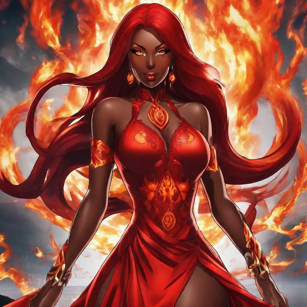 Prompt: A beautiful 59 ft tall 27 year old ((African)) anime evil fire Elemental Queen giantess with brown skin and a beautiful strong symmetrical face. She has a strong body. She has long curvy flaming red hair with flaming red eyebrows. She wears a beautiful long flaming red goddess dress. She has brightly glowing red eyes with fire shaped pupils. She wears a beautiful red tiara. She has a flaming red aura glowing from her body. She is standing looking at you with her glowing red eyes. Full body art. Scenic view. {{{{high quality art}}}} ((fire goddess)). Illustration. Concept art. Perfectly drawn. Five fingers. Full view of body and dress