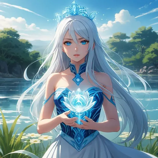 Prompt: A beautiful young 16 year old ((British)) anime Water elemental princess with light skin and a beautiful symmetrical face. She has long smooth white hair that parts down at the top of her head and two long strands coming down the sides of her face and white eyebrows. She has a small nose. She wears a blue shirt with a white skirt. She has big brightly glowing dark blue eyes and blue pupils. She wears a beautiful blue tiara. She has a blue aura around her. She is standing in an open field wielding water magic from her hands. Full body art. Dynamic pose. Epic battle scene. She is focused. {{{{high quality art}}}} ((Ocean goddess)). Illustration. Concept art. Symmetrical face. Digital. Perfectly drawn. A cool background. Five fingers. full view of dress and body.