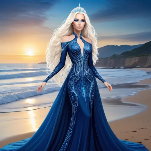 Prompt: A beautiful 58 ft tall 30 year old ((British)) Water elemental Queen giantess with light skin and a beautiful soft elegant symmetrical face. She has long straight elegant white hair with two long strands of hair going down to her chest and white eyebrows. She wears a beautiful long dark blue goddess dress with royal robs. She has brightly glowing blue eyes and water droplet shaped pupils. She wears a beautiful blue tiara made of water. She has a blue aura around her. She is standing on the water by the beach. She is using water magic from her hands. Beautiful scene art. Painting art. Scenic view. Full body art. {{{{high quality art}}}} ((goddess)). Illustration. Concept art. Symmetrical face. Digital. Perfectly drawn. A cool background. Five fingers. Full body view. No portrait. No black background. Front view. Full view of dress. Anime style of clothing, anime art style
