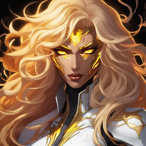 Prompt: A beautiful 59 ft tall 28 year old evil ((Latina)) anime light elemental queen with light brown skin and a beautiful strong face. She has a strong body. She has long curly golden yellow hair and golden yellow eyebrows. She wears a beautiful slim white dress made of light with gold markings on it. She has brightly glowing yellow eyes and white pupils. She wears a golden tiara. She has a yellow aura behind her. She is standing in a open field of gold looking at you with her glowing yellow eyes. She is wielding bright yellow light magic from her hands. She has yellow light glowing around her. Full body art. Scenic view. {{{{high quality art}}}} ((goddess)). Illustration. Concept art. Symmetrical face. Digital. Perfectly drawn. A beautiful background.