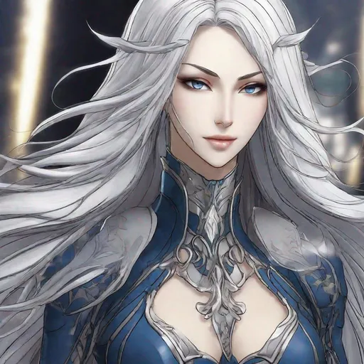 Prompt: A beautiful 58 ft tall 30 year old ((British)) anime Water Elemental Queen with light skin and a beautiful, elegant, strong symmetrical face. She has a slim beautiful curvy body. She has long straight elegant white hair with two long strands of hair going down to her chest and white eyebrows. She wears a beautiful long flowing dark blue goddess dress. She has brightly glowing blue eyes and water droplet shaped pupils. She wears blue eyeshadow. She wears a beautiful blue tiara. She has a blue aura glowing from her body. She is standing in the sand with a beautiful ocean behind her and she looking at you with her glowing blue eyes. Blue water encircles around her. Full body art. Scenic view. {{{{high quality art}}}} ((ocean goddess)). Illustration. Concept art. Perfectly drawn. Five fingers. Full view of body and dress