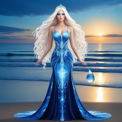 Prompt: A beautiful 58 ft tall 30 year old ((British)) Water elemental Queen giantess with light skin and a beautiful soft elegant symmetrical face. She has long straight elegant white hair with two long strands of hair going down to her chest and white eyebrows. She wears a beautiful long dark blue goddess dress made of water and ice with elegant royal robs. She has brightly glowing blue eyes with water droplet shaped pupils. She wears a beautiful blue tiara made of water. She has a bright blue aura behind her that has the symbol of a water droplet. She is standing on the water by the beach. Beautiful scene art. Painting art. Scenic view. Full body art. {{{{high quality art}}}} ((goddess)). Illustration. Concept art. Symmetrical face. Digital. Perfectly drawn. A cool background. Five fingers. Full body view. No portrait. No black background. Front view. Full view of dress. Anime style of clothing, anime art style. Afternoon 