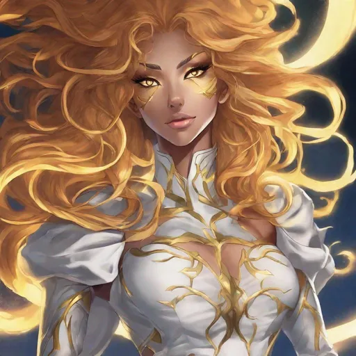 Prompt: A beautiful 59 ft tall 28 year old evil ((Latina)) anime light elemental queen with light brown skin and a beautiful strong face. She has a strong body. She has long curly golden yellow hair and golden yellow eyebrows. She wears a beautiful slim white dress with gold made of light. She has brightly glowing yellow eyes and white pupils. She wears a golden tiara. She has a yellow aura behind her. She is standing in a open field of gold looking at you with her glowing yellow eyes. She is wielding bright yellow light magic from her hands. She has yellow light glowing around her. Full body art. Scenic view. {{{{high quality art}}}} ((goddess)). Illustration. Concept art. Symmetrical face. Digital. Perfectly drawn. A beautiful background.