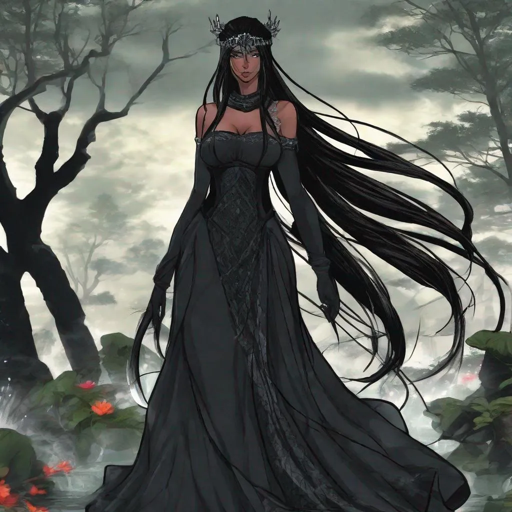 Prompt: A beautiful 59 ft tall 28 year old evil ((Latina)) anime darkness elemental queen giantess with dark brown skin and a beautiful strong face. She has a strong body. She has long straight black hair that covers her left eye and she has black eyebrows. She wears a beautiful long goddess black dress with sliver markings on it. She has brightly glowing white eyes and white pupils. She wears a sliver tiara. She has a black aura behind her. She is standing in a open field looking at you with her glowing white eyes. She has white light glowing around her. Full body art. Scenic view. {{{{high quality art}}}} ((Darkness goddess)). Illustration. Concept art. Symmetrical face. Digital. Perfectly drawn. A beautiful background.