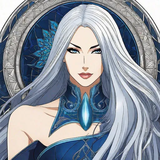 Prompt: A beautiful 58 ft tall 30 year old ((British)) anime water goddess with light skin and a beautiful, elegant, strong symmetrical face. She has a slim beautiful curvy body. She has long straight elegant white hair with two long strands of hair going down to her chest and white eyebrows. She wears a beautiful long flowing dark blue goddess dress. She has bright blue eyes and blue pupils. She wears blue eyeshadow. She wears a beautiful blue tiara. She is standing by a balcony. Day time. Full body art. Scenic view. {{{{high quality art}}}}. Illustration. Concept art. Perfectly drawn. Five fingers. Full view of body and dress