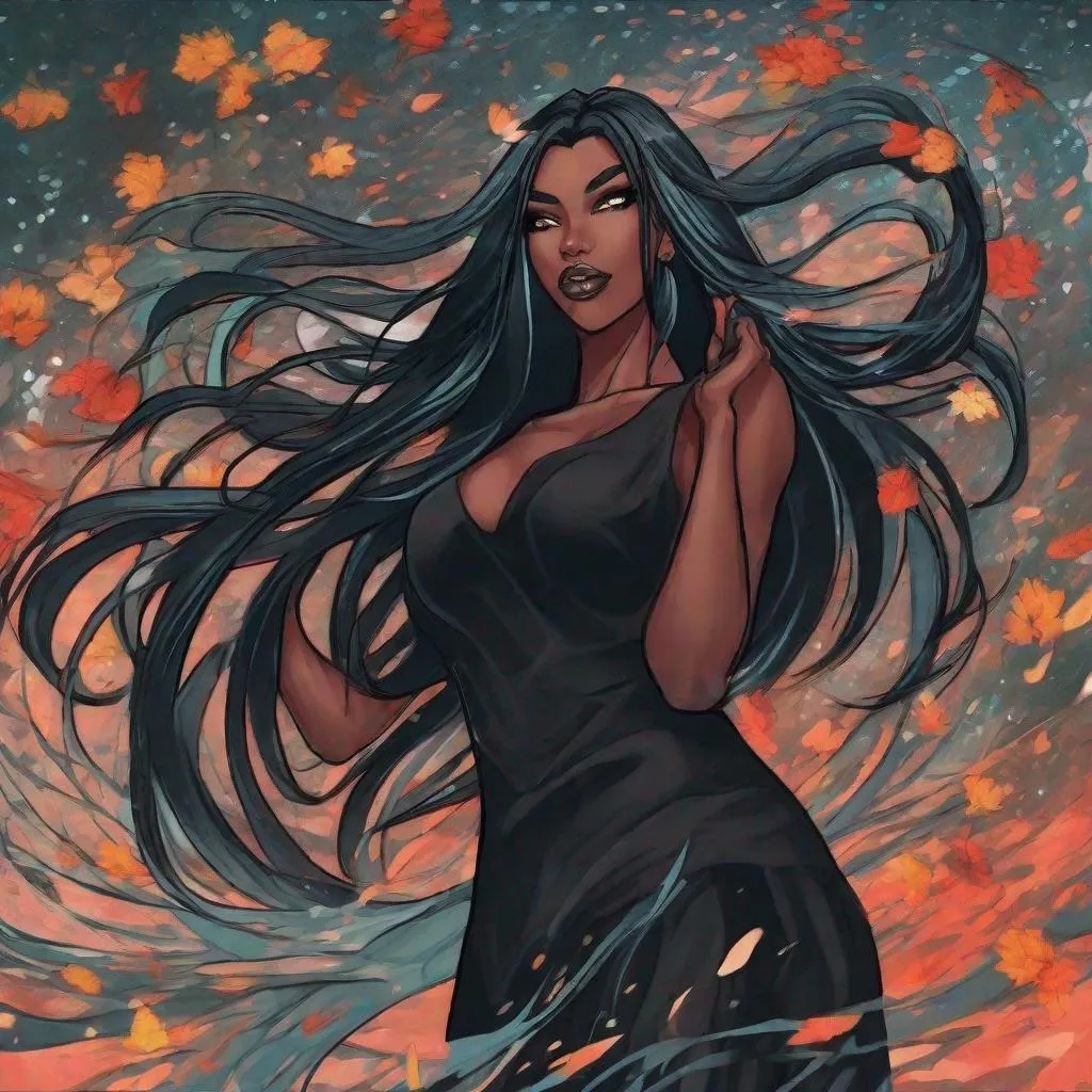 Prompt: A beautiful 59 ft tall 28 year old ((Latina))  anime darkness elemental queen giantess with dark brown skin and a beautiful strong face. She has a strong body. She has long straight black hair that covers the entire left side of her face and she has black eyebrows. She wears a beautiful long flowing goddess black dress that has a silvery glitter it. She has brightly glowing white eyes with white pupils. She has black lips. She wears a sliver tiara. She has a black aura behind her. She is at you with her glowing white eyes. She has black smoke circling around her. Portrait art. Beautiful art. Close up view. {{{{high quality art}}}} ((Darkness goddess)). Illustration. Concept art. Symmetrical face. Digital. Perfectly drawn. A beautiful background. Perfect hands. Only dark brown skin, hair covering left side of face