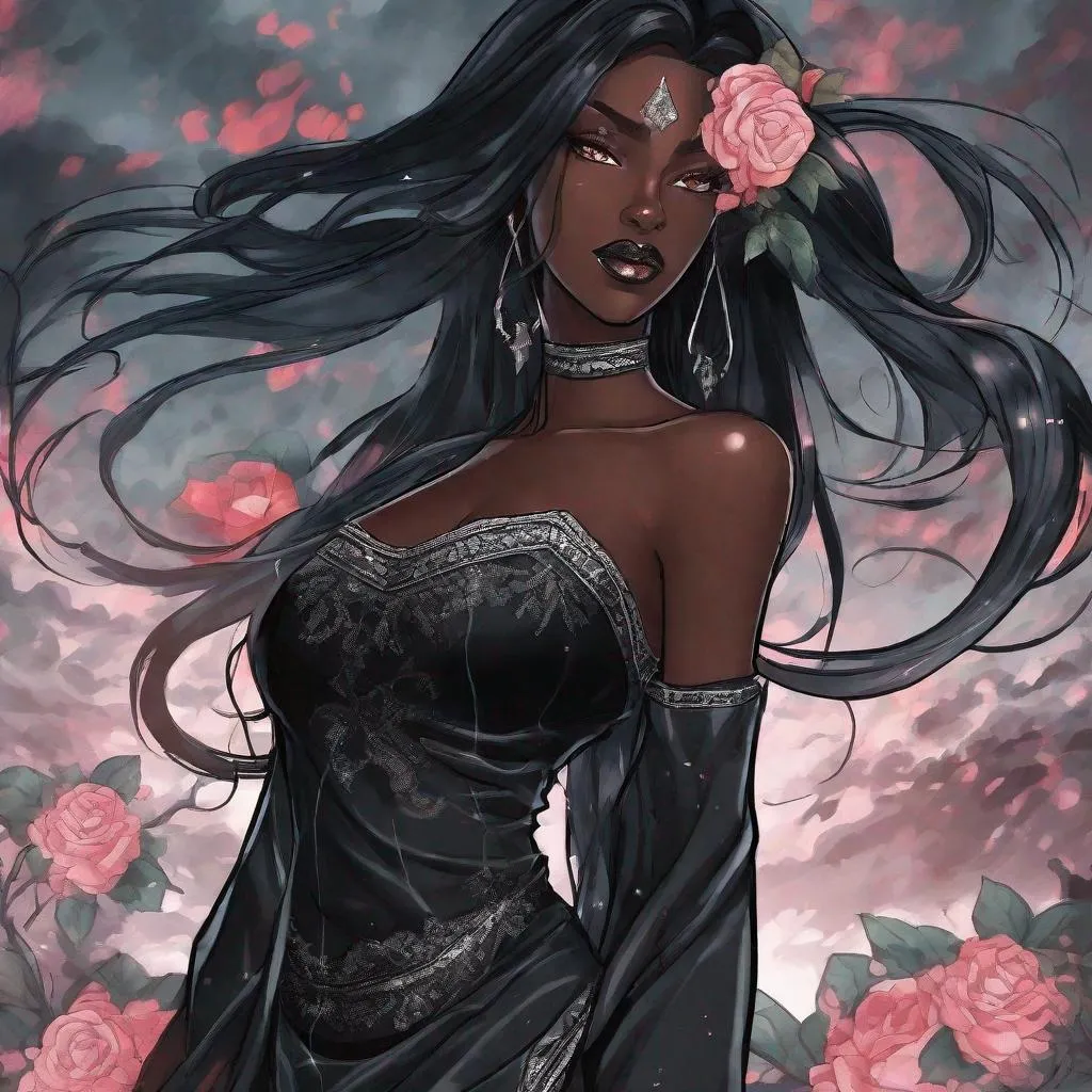 Prompt: A beautiful 59 ft tall 28 year old ((Latina))  anime darkness elemental queen giantess with dark brown skin and a beautiful strong face. She has a strong body. She has long straight black hair that covers the entire left side of her face and she has black eyebrows. She wears a beautiful long flowing goddess black dress that has a silvery glitter it. She has brightly glowing white eyes with white pupils. She has black lips. She wears a sliver tiara. She has a black aura behind her. She is standing in a open field with the moon glowing behind her looking at you with her glowing white eyes. She has black smoke circling around her. Full body art. Scenic view. {{{{high quality art}}}} ((Darkness goddess)). Illustration. Concept art. Symmetrical face. Digital. Perfectly drawn. A beautiful background. Perfect hands. Only dark brown skin, hair covering left eye