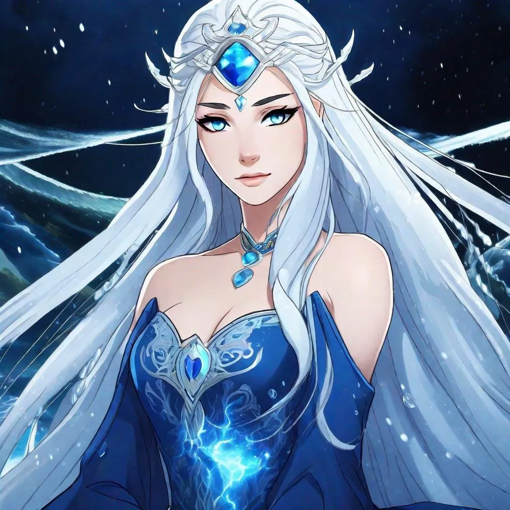 Prompt: A beautiful young 17 year old ((British)) anime Water elemental princess with light skin and a beautiful symmetrical face. She has long smooth straight white hair that parts down at the top of her head and two long strands coming down the sides of her face and white eyebrows. She has a small nose. She wears a beautiful flowing goddess dark blue dress. She has big bright dark blue eyes and blue pupils. Full body art. Five fingers