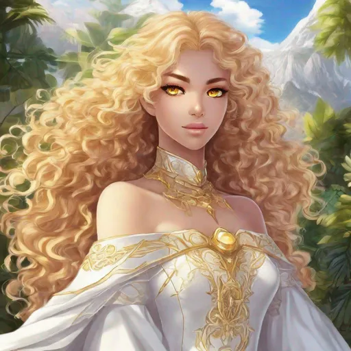 Prompt: A beautiful 15 year old ((Latina)) anime light elemental princess with light brown skin and a beautiful face. She has curly golden yellow hair that parts at the top of her head and yellow eyebrows. She wears a beautiful white dress with gold markings on it. She has brightly glowing yellow eyes and white pupils. She has a yellow aura around her. She wears a beautiful golden tiara. She is standing in a beautiful field of gold. Beautiful scene art. Scenic view. Full body art. {{{{high quality art}}}} ((goddess)). Illustration. Concept art. Symmetrical face. Digital. Perfectly drawn. A cool background. Five fingers. Anime