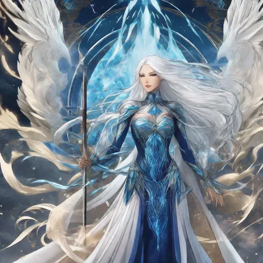 Prompt: A beautiful 58 ft tall 30 year old ((British)) anime Water Elemental Queen with light skin and a beautiful, elegant, strong symmetrical face. She has long straight elegant white hair with two long strands of hair going down to her chest and white eyebrows. She wears a beautiful long all blue slim goddess dress made of water with long thin blue royal robs. She has brightly glowing blue eyes and water droplet shaped pupils. She wears blue eyeshadow. She wears a beautiful blue tiara. She has a blue aura glowing from her body. She is standing in beautiful blue looking at you with her glowing blue eyes. She is wielding bright blue water magic from her hands. Blue water encircles around her. Full body art. Scenic view. {{{{high quality art}}}} ((ocean goddess)). Illustration. Concept art. Perfectly drawn. Five fingers.