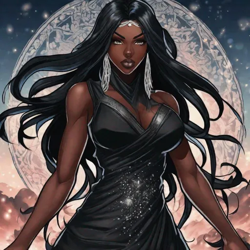 Prompt: A beautiful 59 ft tall 28 year old ((Latina))  anime darkness elemental queen giantess with dark brown skin and a beautiful strong face. She has a strong body. She has long straight black hair that covers the entire left side of her face and she has black eyebrows. She wears a beautiful long flowing goddess black dress that has a silvery glitter it. She has brightly glowing white eyes with white pupils. She has black lips. She wears a sliver tiara. She has a black aura behind her. She is at you with her glowing white eyes. She has black smoke circling around her. Portrait art. Beautiful art. Close up view. {{{{high quality art}}}} ((Darkness goddess)). Illustration. Concept art. Symmetrical face. Digital. Perfectly drawn. A beautiful background. Perfect hands. Only dark brown skin, hair covering left side of face