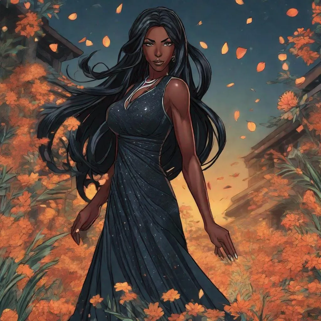 Prompt: A beautiful 59 ft tall 28 year old ((Latina))  anime darkness elemental queen giantess with dark brown skin and a beautiful strong face. She has a strong body. She has long straight black hair that covers the entire left side of her face and she has black eyebrows. She wears a beautiful long flowing goddess black dress that has a silvery glitter it. She has brightly glowing white eyes with white pupils. She has black lips. She wears a sliver tiara. She has a black aura behind her. She is standing in a open field with the moon glowing behind her looking at you with her glowing white eyes. She has black smoke circling around her. Full body art. Scenic view. {{{{high quality art}}}} ((Darkness goddess)). Illustration. Concept art. Symmetrical face. Digital. Perfectly drawn. A beautiful background. Perfect hands. Only dark brown skin, hair covering left side of face