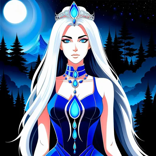 Prompt: A beautiful 58 ft tall 30 year old ((British)) Water elemental Queen giantess with light skin and a beautiful soft elegant symmetrical face. She has long straight elegant white hair with two long strands of hair going down the left and right side of her face reaching her chest and she has white eyebrows. She wears a beautiful long dark blue dress with royal robs. She has brightly glowing blue eyes and water droplet shaped pupils. She wears a beautiful blue tiara. She has a blue aura around her. She is standing looking at her with her beautiful glowing blue eyes. Beautiful scene art. Painting art. Scenic view. Full body art. {{{{high quality art}}}} ((goddess)). Illustration. Concept art. Symmetrical face. Digital. Perfectly drawn. A cool background. Five fingers. Full body view. No portrait. No black background. Front view. Full view of dress. Anime style of clothing, anime art style