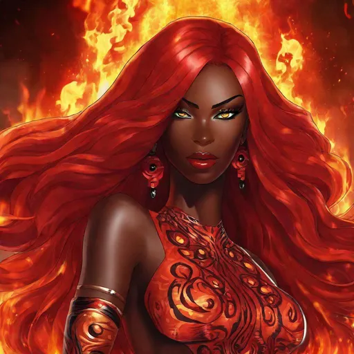 Prompt: A beautiful 59 ft tall 27 year old ((African)) anime evil fire Elemental Queen giantess with brown skin and a beautiful strong symmetrical face. She has a strong body. She has long flaming red hair with flaming red eyebrows. She wears a beautiful long flaming red goddess dress. She has brightly glowing red eyes with fire shaped pupils. She wears a beautiful red tiara. She has a flaming red aura glowing from her body. Full body art. {{{{high quality art}}}} ((fire goddess)). Illustration. Concept art. Perfectly drawn. Five fingers. Full view of body and dress, character design, multiple angles