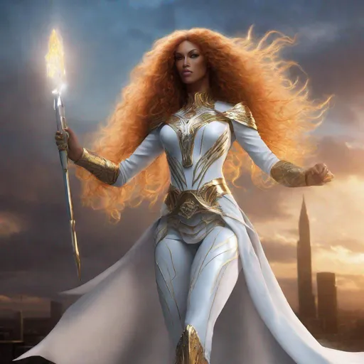 Prompt: A beautiful 59 ft tall 28 year old evil ((Latina)) light elemental queen giantess with light brown skin and a beautiful face. She has a strong body. She has curly yellow hair that parts at the top of her head and yellow eyebrows. She wears a beautiful white dress with gold. She wears white boots with gold aswell. She has brightly glowing yellow eyes and white pupils. She wears a beautiful gold tiara. She has a yellow aura around her. Her eyes glow brightly. She is standing in a beautiful open field. She is wielding the light in her hands. Her hands glow yellow Beautiful painting scene. Beautiful scene art. Scenic view. Full body art. {{{{high quality art}}}} ((goddess)). Illustration. Concept art. Symmetrical face. Digital. Perfectly drawn. A cool background. Front view. Anime