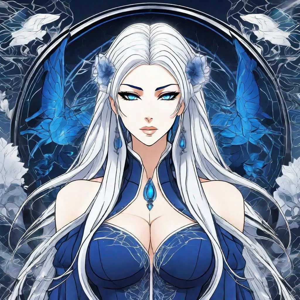 Prompt: A beautiful 58 ft tall 30 year old ((British)) anime Divine Queen with light skin and a beautiful, elegant, strong symmetrical face. She has long straight elegant white hair with two long strands of hair going down to her chest and white eyebrows. She wears a beautiful long a dark blue goddess dress made of water with long thin blue royal robs. She has bright blue eyes and blue pupils. She wears blue eyeshadow. She wears a beautiful blue tiara. Five fingers.