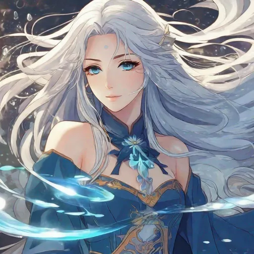 Prompt: A beautiful young 17 year old ((British)) anime Water elemental princess with light skin and a beautiful, elegant, symmetrical cute face. She has long smooth white hair with two strands coming down the sides of her face and white eyebrows. She has a small nose. She wears a beautiful flowing goddess vibrant blue dress. She has big brightly glowing dark blue eyes and water droplets shaped pupils. She wears a beautiful blue tiara. She has a blue aura around her. She is standing in a blue open field with a beautiful blue sky behind her. Beautiful scene art. Beautiful painting art. Scenic view. Full body art. {{{{high quality art}}}} ((Ocean goddess)). Illustration. Concept art. Symmetrical face. Digital. Perfectly drawn. A cool background. Five fingers. 