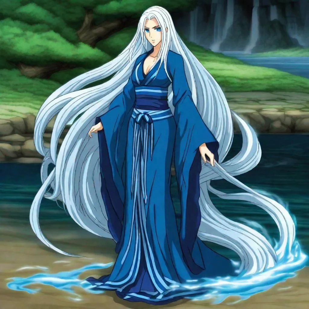 Prompt: A beautiful young adult ((British)) anime Water elemental princess with light skin and a beautiful symmetrical face. She has long smooth straight white hair that parts and she has two long strands of hair coming down the sides of her face and white eyebrows. She has a small nose. She wears a beautiful dark blue divine goddess dress. She wears dark blue princess slippers on her feet. She has big bright glowing dark blue eyes and blue pupils. She is standing wielding water magic.  Full body art. Five fingers