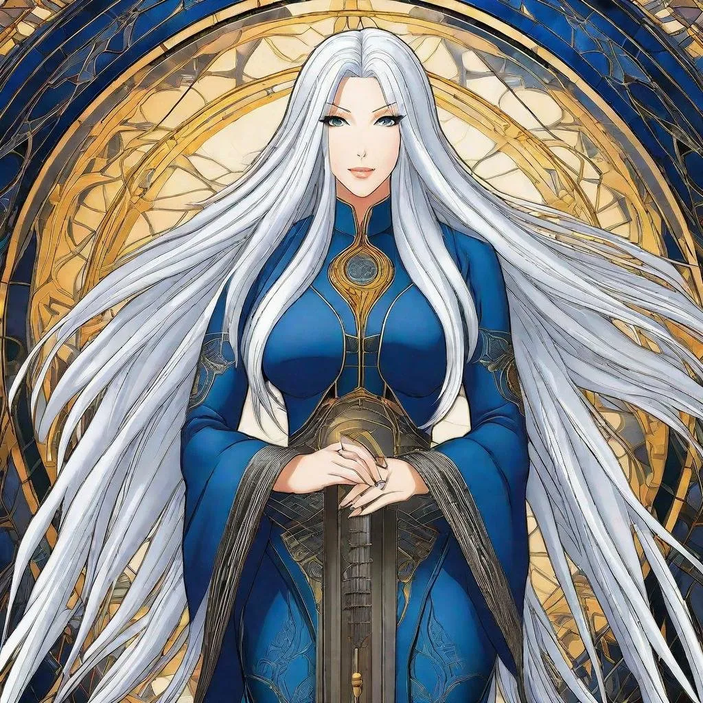 Prompt: A beautiful 58 ft tall 30 year old ((British)) anime water goddess with light skin and a beautiful, elegant, strong symmetrical face. She has a slim beautiful curvy body. She has long straight elegant white hair with two long strands of hair going down to her chest and white eyebrows. She wears a beautiful long flowing dark blue goddess dress. She has bright blue eyes and water droplet shaped pupils. She wears dark blue eyeshadow. She wears a beautiful blue tiara.around her. Full body art. Scenic view. {{{{high quality art}}}}. Illustration. Concept art. Perfectly drawn. Five fingers. Full view of body and dress