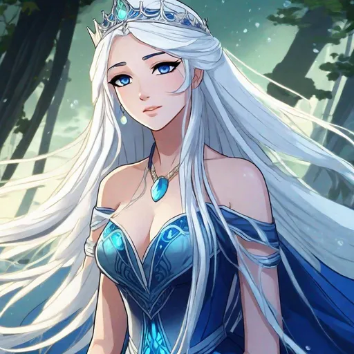 Prompt: A beautiful young 17 year old ((British)) anime Water elemental princess with light skin and a beautiful symmetrical face. She has long smooth straight white hair that parts down at the top of her head and two long strands coming down the sides of her face and white eyebrows. She has a small nose. She wears a beautiful flowing goddess dark blue dress. She has big bright dark blue eyes and blue pupils. Full body art. Five fingers