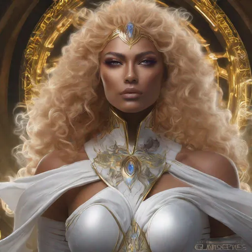 Prompt: A beautiful 59 ft tall 28 year old evil ((Latina)) light elemental queen giantess with light brown skin and a beautiful face. She has a strong body. She has curly yellow hair and yellow eyebrows. She wears a beautiful white dress with gold. She has brightly glowing yellow eyes and white pupils. She wears a beautiful gold tiara. She has a yellow aura around her. Her eyes glow brightly. She is standing in a beautiful open field holding two golden swords on both hands. Beautiful scene art. Scenic view. Full body art. {{{{high quality art}}}} ((goddess)). Illustration. Concept art. Symmetrical face. Digital. Perfectly drawn. A cool background. Front view. Anime