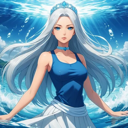 Prompt: A beautiful young 16 year old ((British)) anime Water elemental princess with light skin and a beautiful symmetrical face. She has long smooth white hair that parts down at the top of her head and two long strands coming down the sides of her face and white eyebrows. She has a small nose. She wears a blue polo shirt with a white skirt. She has big brightly glowing dark blue eyes and blue pupils. She wears a beautiful blue tiara. She has a blue aura around her. She is floating above an open field wielding water magic from her hands. Full body art. Dynamic pose. Epic battle scene. She is focused. {{{{high quality art}}}} ((Ocean goddess)). Illustration. Concept art. Symmetrical face. Digital. Perfectly drawn. A cool background. Five fingers. full view body. Anime fight