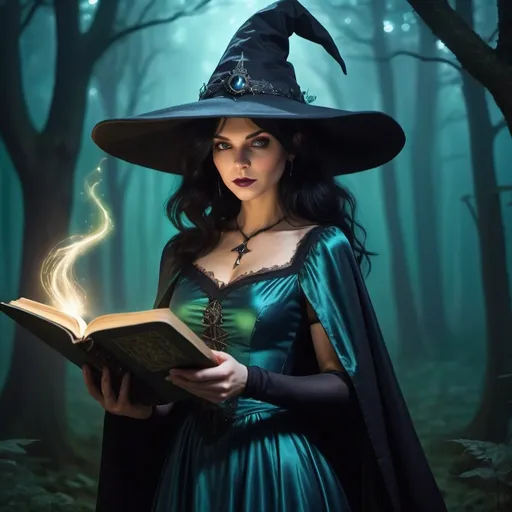 Prompt: In the foreground, a beautiful black-haired witch with a large hat and a blue fabric dress is holding a spellbook and giving a sideways glance. Green, glowing lights are emanating from the spellbook. The witch is wearing gothic-style clothing, and in the background, there is a dark, misty forest. The atmosphere is magical and mysterious