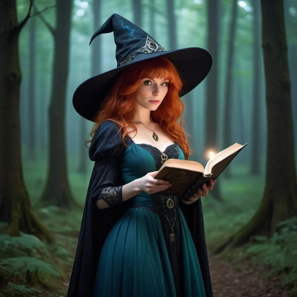 Prompt: In the foreground, a beautiful red-haired witch with a large hat and a blue fabric dress is holding a spellbook and giving a sideways glance. Green, glowing lights are emanating from the spellbook. The witch is wearing gothic-style clothing, and in the background, there is a dark, misty forest. The atmosphere is magical and mysterious