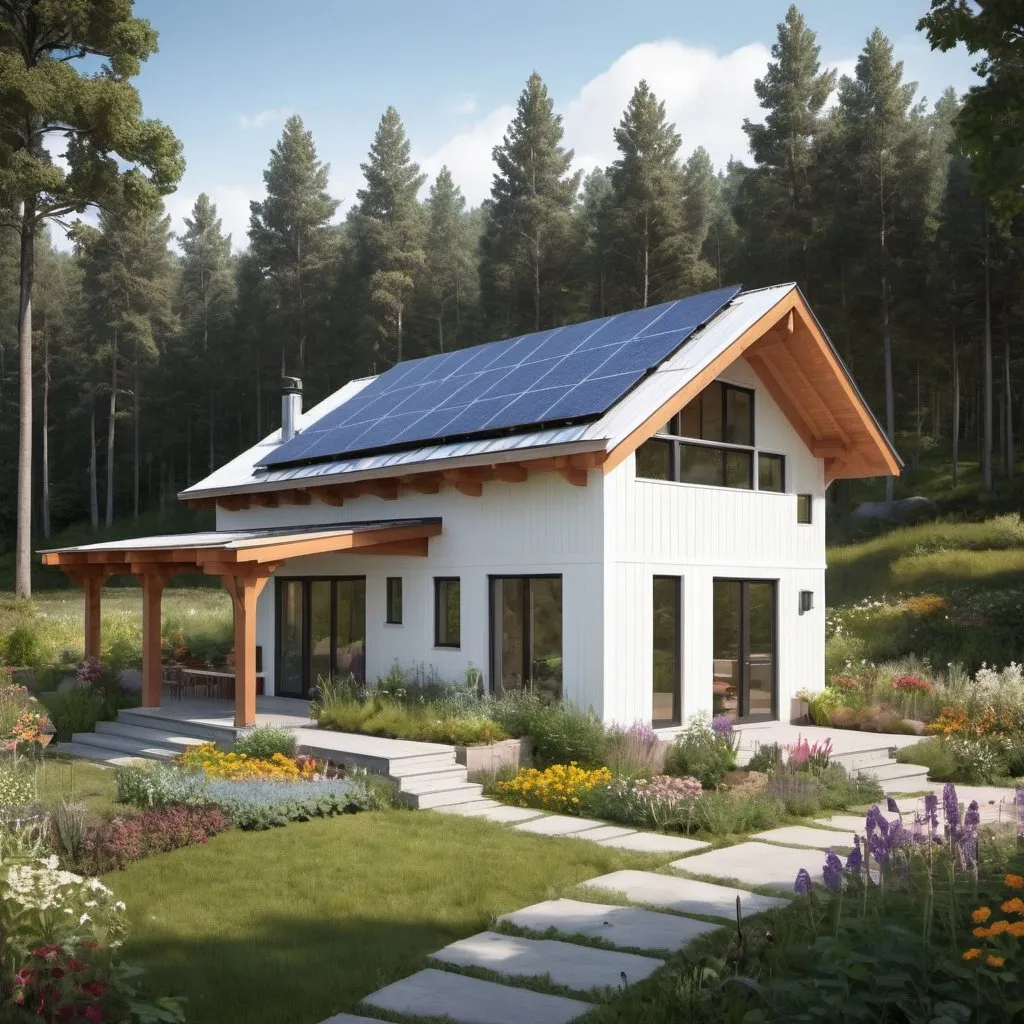 Prompt: four 900 square feet modern timber frame home. white exterior finish. solar panels on roof. water capture tank. located in forest and rolling hills. surrounded by flower and vegetable gardens.
