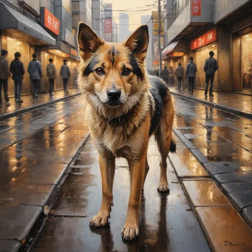 Prompt: Stray dog in Tokyo street, realistic oil painting, bustling city atmosphere, detailed fur with warm highlights, curious and cautious expression, gritty urban setting, warm tones, realistic lighting, high quality, oil painting, realistic, Tokyo street, detailed fur, gritty atmosphere, urban setting, warm tones, realistic lighting