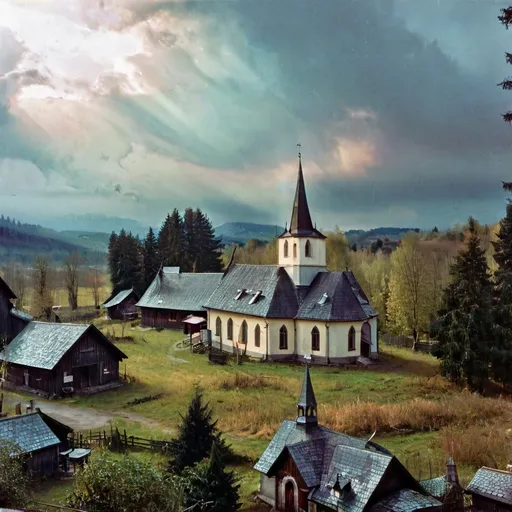 Prompt: a horror movie poster with a small village and a large church, there also a large forest around the village it and it's from the view from the sky making the village seem smaller. the weather is dark and gloomy, and nothing is how it seems 
 