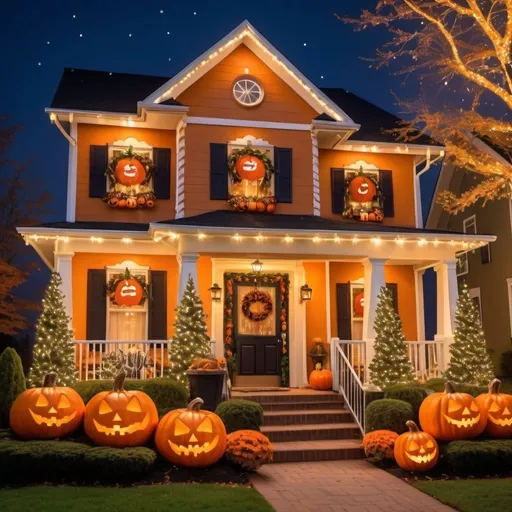 Prompt: 2 story home, left halloween decorations, right christmas lights

