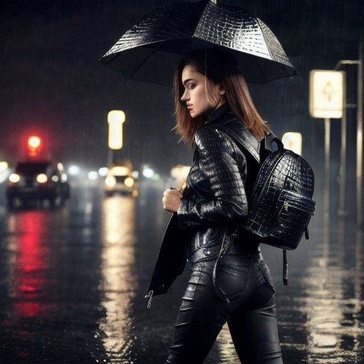 Prompt: girl is with leather pants , leather jacket and black leather crocodile backpack in tormential rain with thunders who is an umbrella at the night