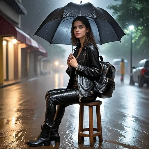 Prompt: girl with leather pants , leather jacket and black leather crocodile backpack in tormential rain with thunders who is an umbrella at the night 