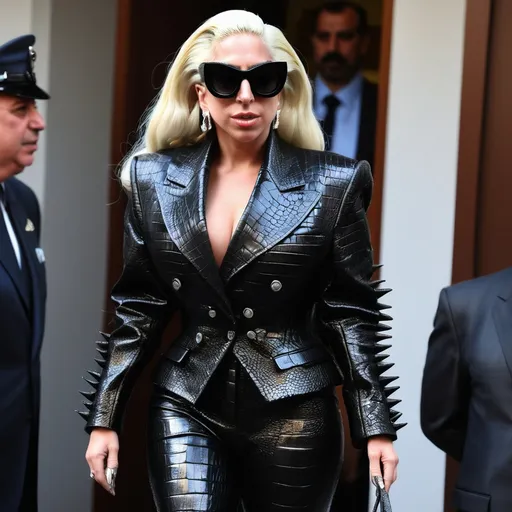 Prompt: lady gaga kime deri ceket ve deri pantolon ve en yamirli kime var tümüs deri krokodili