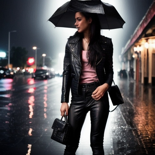 Prompt: girl is with leather pants , leather jacket and black leather crocodile backpack in tormential rain with thunders who is an umbrella at the night