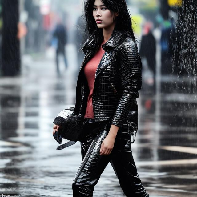Prompt: Woman which is with leather jacket and pants black leather crocodile Backpack is in heavy rain with Very intensive showering