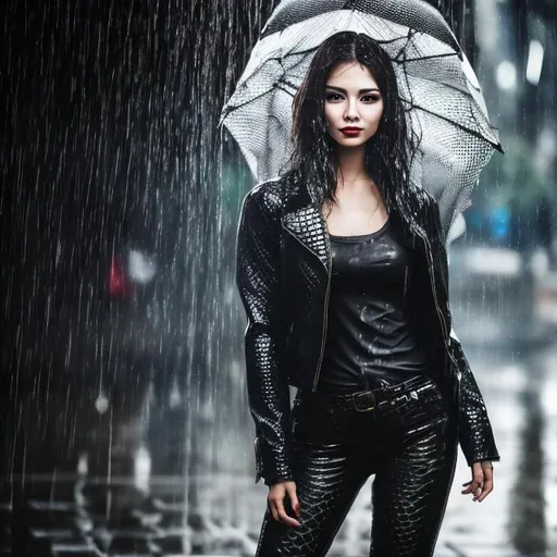Prompt: Woman which is with leather jacket with snake skin and pants black leather crocodile Backpack is in heavy rain with Very intensive showering