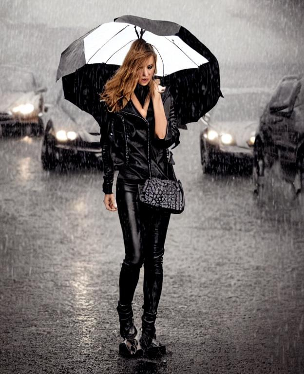 Prompt: Woman in a leather jacket and leather pants, black leather crocodile Backpack  in a heavy rain with storm under the umbrella 