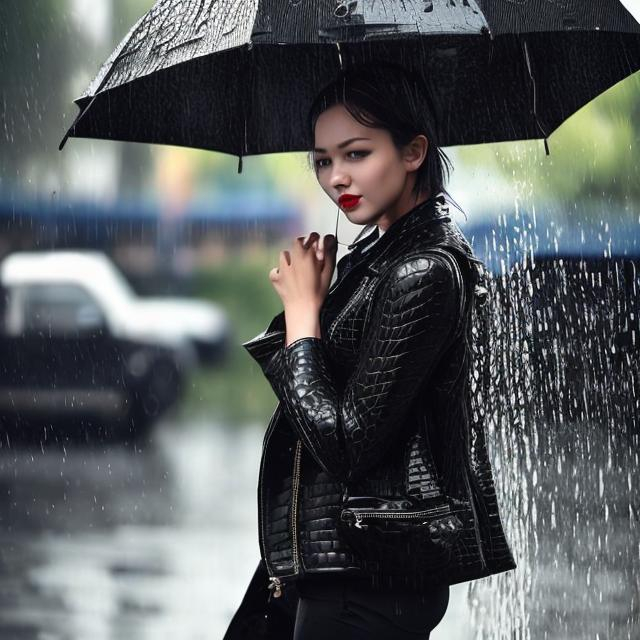 Prompt: Woman which is with leather jacket and pants black leather crocodile Backpack is in heavy rain with Very intensive showering under an umbrella